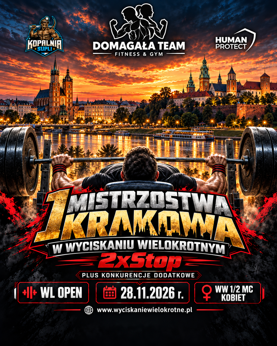 Plakat Mistrzostw Krakowa w Wyciskaniu Wielokrotnym 2xStop, 28.11.2026, organizowanych przez Domagała Team